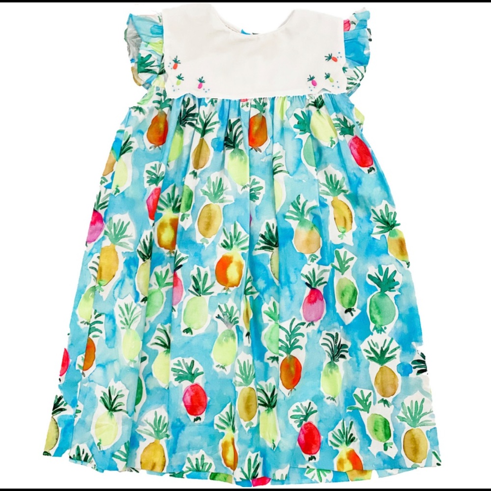 Pineapple print dress with embroidered pineapple bib color